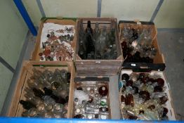 A large quantity of old clear and coloured glass bottles etc and a box of metal detectorist finds