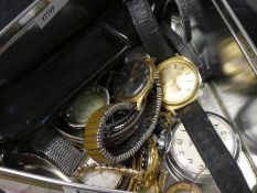 Tin of wristwatches, pocket watches including OMNTA, HELVETIA, SMITHS, etc