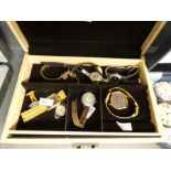 Jewellery box containing vintage and modern ladies and gents wristwatches including a silver and ena