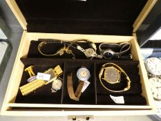 Jewellery box containing vintage and modern ladies and gents wristwatches including a silver and ena