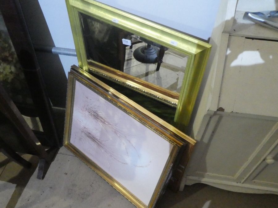 A gilt framed mirror and 2 pictures