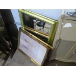 A gilt framed mirror and 2 pictures