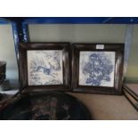 A pair of Wedgwood blue and white tiles in oak frames, three metal trays and sundry Persian prints