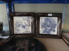 A pair of Wedgwood blue and white tiles in oak frames, three metal trays and sundry Persian prints