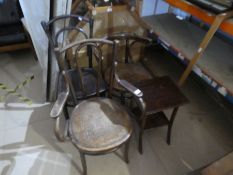 Three vintage Thonet style chairs and a small table