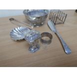 Collection of hallmarked silver to include silver bowl, tongs, napkin ring, scallop dish, etc, 11.8
