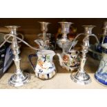 A selection of ceramics, wager jugs, silver plated candle sticks, small box of silver plated items,