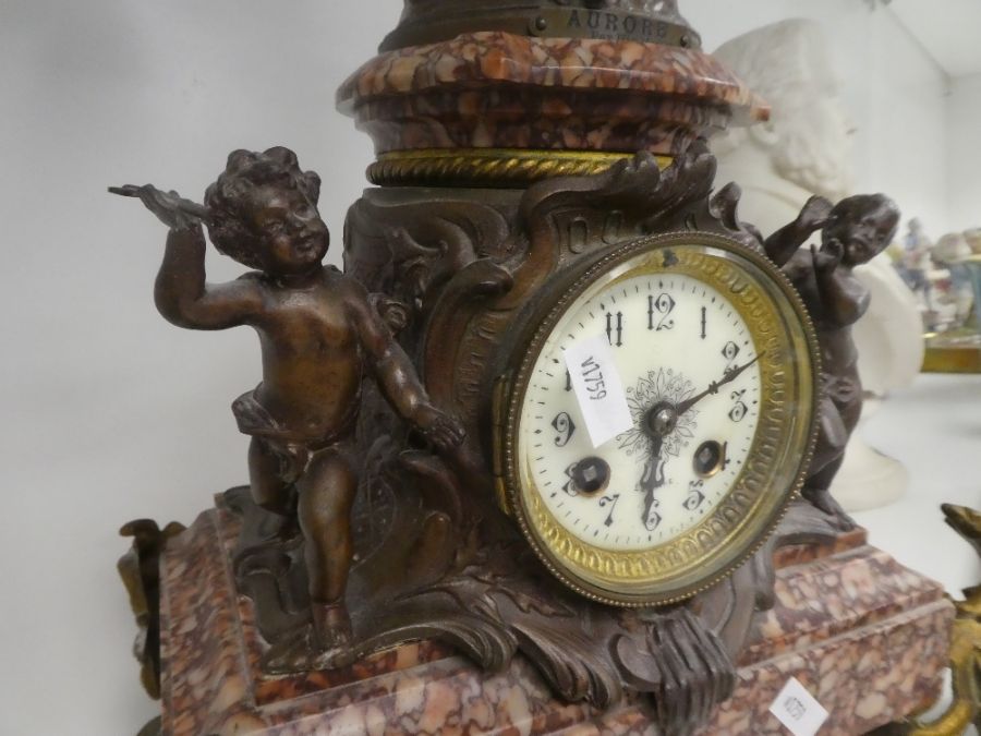 An antique French marble clock having spelter figure of lady above two cherubs, 62cm - Image 2 of 5