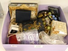 Tray of vintage costume jewellery including beads, Mother of Pearl box, beaded purse, etc