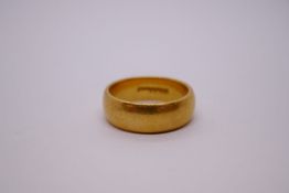 Thick 22ct yellow gold wedding band, Birmingham, maker CG & S, size S/T, band width 7mm, approx 13.