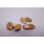 Pair of 9ct floral engraved cufflinks, JA & S, Aitkin & Son, Birmingham, and a 9ct panel off of an I