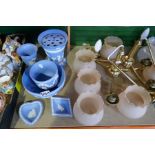 A selection of vintage lighting, bevelled edge mirror a selection of blue Wedgwood items etc