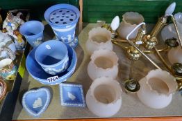 A selection of vintage lighting, bevelled edge mirror a selection of blue Wedgwood items etc