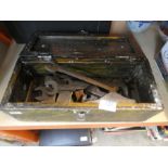 A box of vintage tools including spanners and planes etc