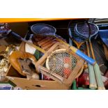 Three boxes of mixed vintage sporting equiptment containing mostly rackets ie tennis, badminton, squ