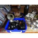 A selection of small metalware items, brass, copper and silver plate and wooden figures and ceramics