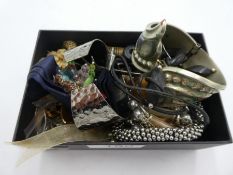 A box of mixed costume jewellery to include a shell set bracelet