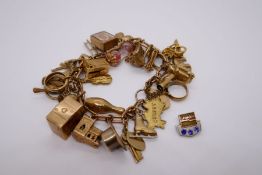 9ct yellow gold charm bracelet 29 charms, to include Go-cart, Articulated Woodpecker, Church, Koala,