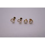 Two pairs of 14K yellow gold pearl earrings, one a stud pair and the other a screw on example