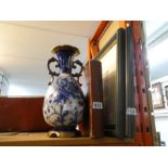 A blue & white ceramic vase, book and postcards and two small maritime print's