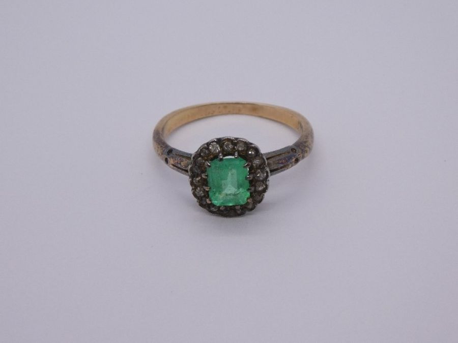 9ct yellow gold emerald and diamond cluster ring, size O/P, unmarked 3.4g approx