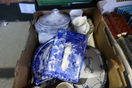 A box of blue and white china tureens and a blue and white large cheese dish lid