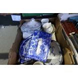 A box of blue and white china tureens and a blue and white large cheese dish lid