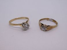 Two 9ct yellow gold solitaire rings, set with clear stones, sizes Q & S, both marked, 4.4g approx