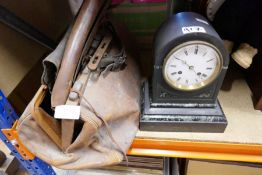 A bag of horse bits etc in a vintage bag and a slate mantle clock