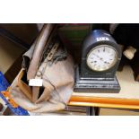 A bag of horse bits etc in a vintage bag and a slate mantle clock