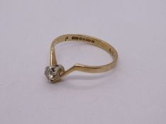 9ct yellow gold 'V' shaped ring, mounted with single diamond marked 375, London import marks, maker