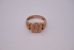 9ct Rose gold signet ring with shield plaque inscribed with initials, marked 9, Birmingham HG & S, H