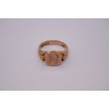 9ct Rose gold signet ring with shield plaque inscribed with initials, marked 9, Birmingham HG & S, H