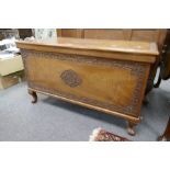 A mid 20th century Indian carved blanket box with two reusable trays, 102cms