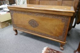 A mid 20th century Indian carved blanket box with two reusable trays, 102cms