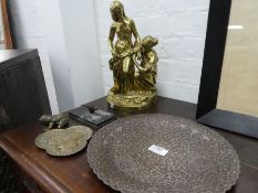 An old brass sculpture of two ladies, an Eastern copper dish having silver decoration and sundry