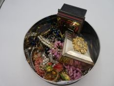 Box of mixed costume jewellery including shell necklaces, watches, earrings, etc