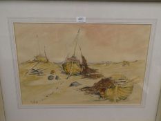 A watercolour titled High and Dry, boats on beach signed William C Bull, probably Devon. 55 x 36cm