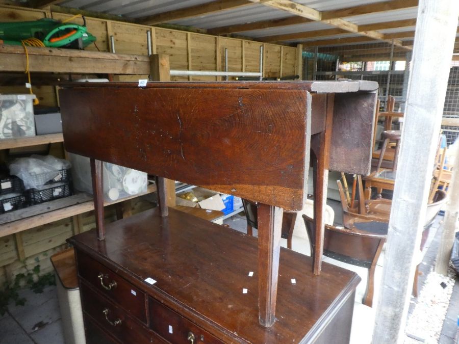 Oak drop leaf table, including Lloyd Loom clothes basket, shelf etc