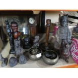 A selection of mostly treen figures, African and Asian, small wooden clock and small selection of br