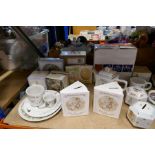 A shelf of various ceramics, mostly Peter Rabbit related merchandise of various manufacturers