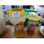 A Clarice Cliff Autumn Crocus design vase and one other smaller example, the largest 20.5cms