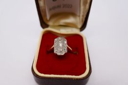 Art Deco 18ct and platinum, diamond panel ring set with 15 diamonds, marked 18ct Plat, size N/O