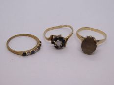 Two 9ct yellow gold dress rings, two inset with sapphires AF, stones missing and another unmarked dr