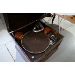 An 1930s HMV tabletop gramophone tables and sundry
