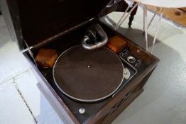 An 1930s HMV tabletop gramophone tables and sundry
