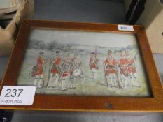 An antique wooden box the lid having a watercolour inset 5th Fusiliers, dated 1758, indistinctively