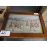 An antique wooden box the lid having a watercolour inset 5th Fusiliers, dated 1758, indistinctively