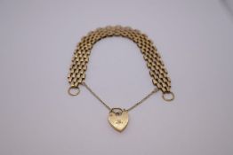 9ct yellow gold gatelink bracelet with heart shaped clasp, marked 375, with safety clasp, 11.3g appr