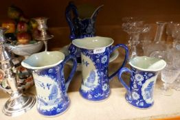 A selection of blue and white china, Willow Pattern, with character marks to the bottom